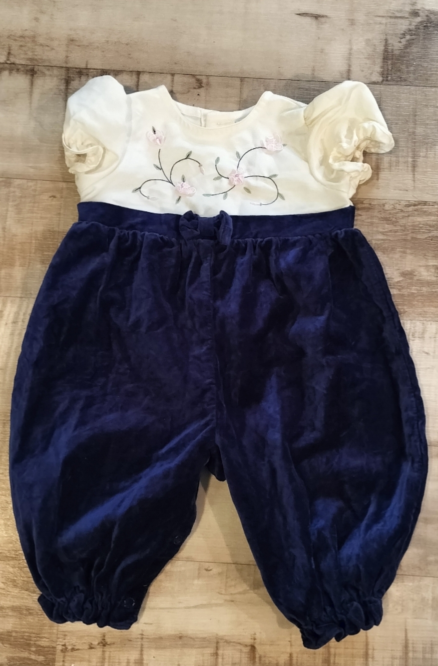 Angel Cream & Navy Velvet Baby Bubble Romper